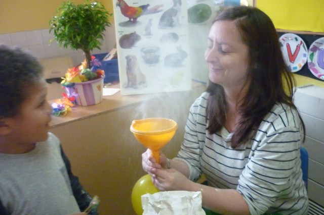 This provided at least an hour of fun and hysterics one day last week. Flour in the funnel (which is attached to a balloon).Squeeze the balloon and hey presto a flour cloud. What was supposed to have been made was "feely bees)!!.  
