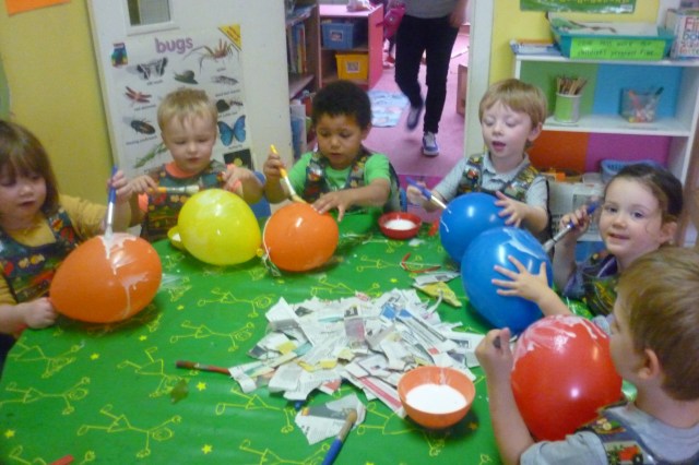 This was the best fun and we loved it because we hadn't used papier mache in nursery before. Also, we all laughed when one of the balloons burst in Melanie's face. It was so funny.