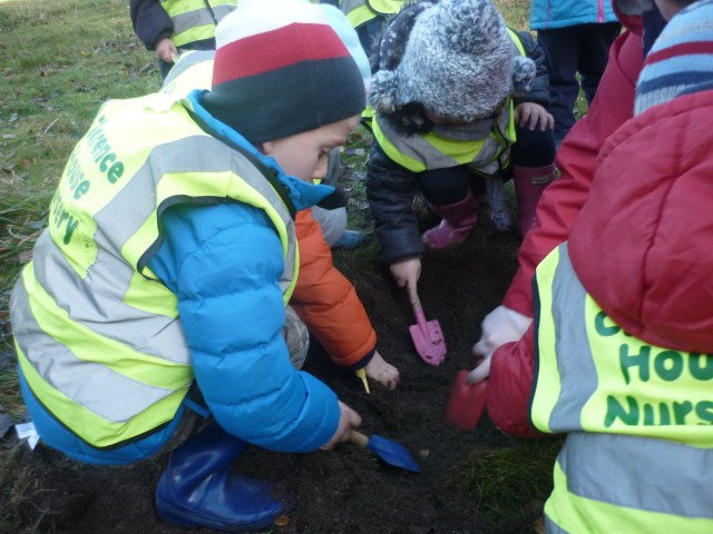 We had already planted our bulbs for Spring and had some left over. So we went across to the Children's Wood and planted the rest there. We like to go there are play so we help to keep it looking nice for everyone.
